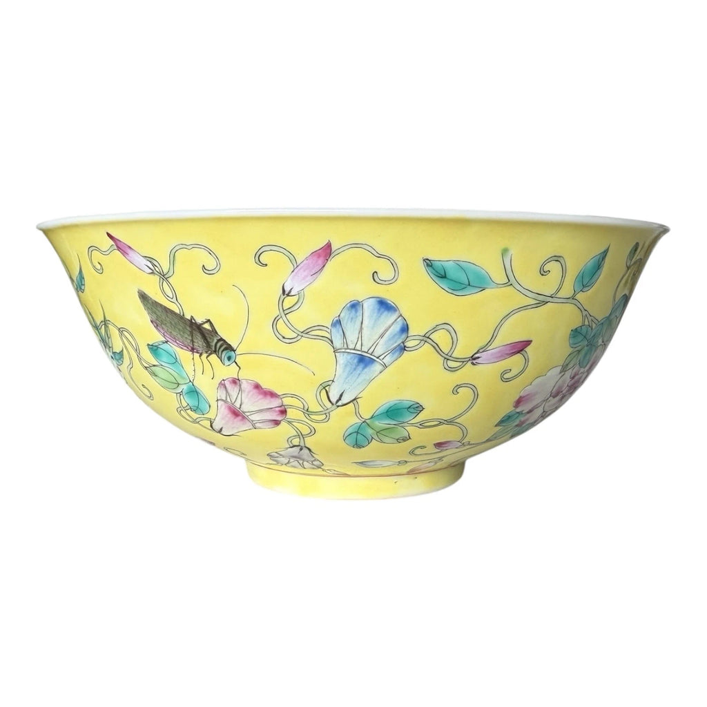 Antique Chinese Qing Dynasty Famille Jaune Bowl - Flower Sprigs Insects Pattern