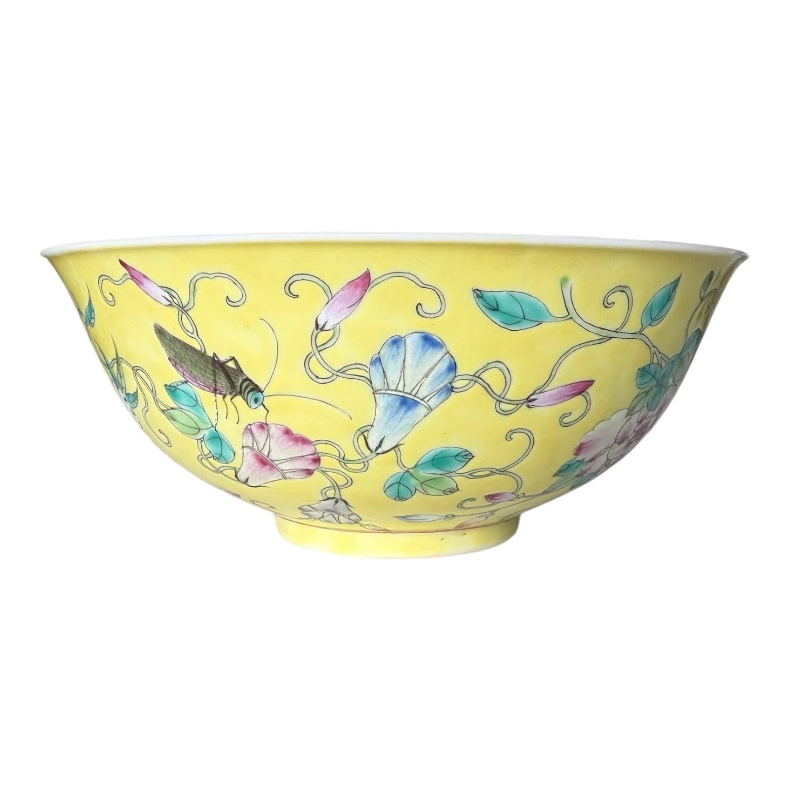 Antique Chinese Qing Dynasty Famille Jaune Bowl - Flower Sprigs Insects Pattern