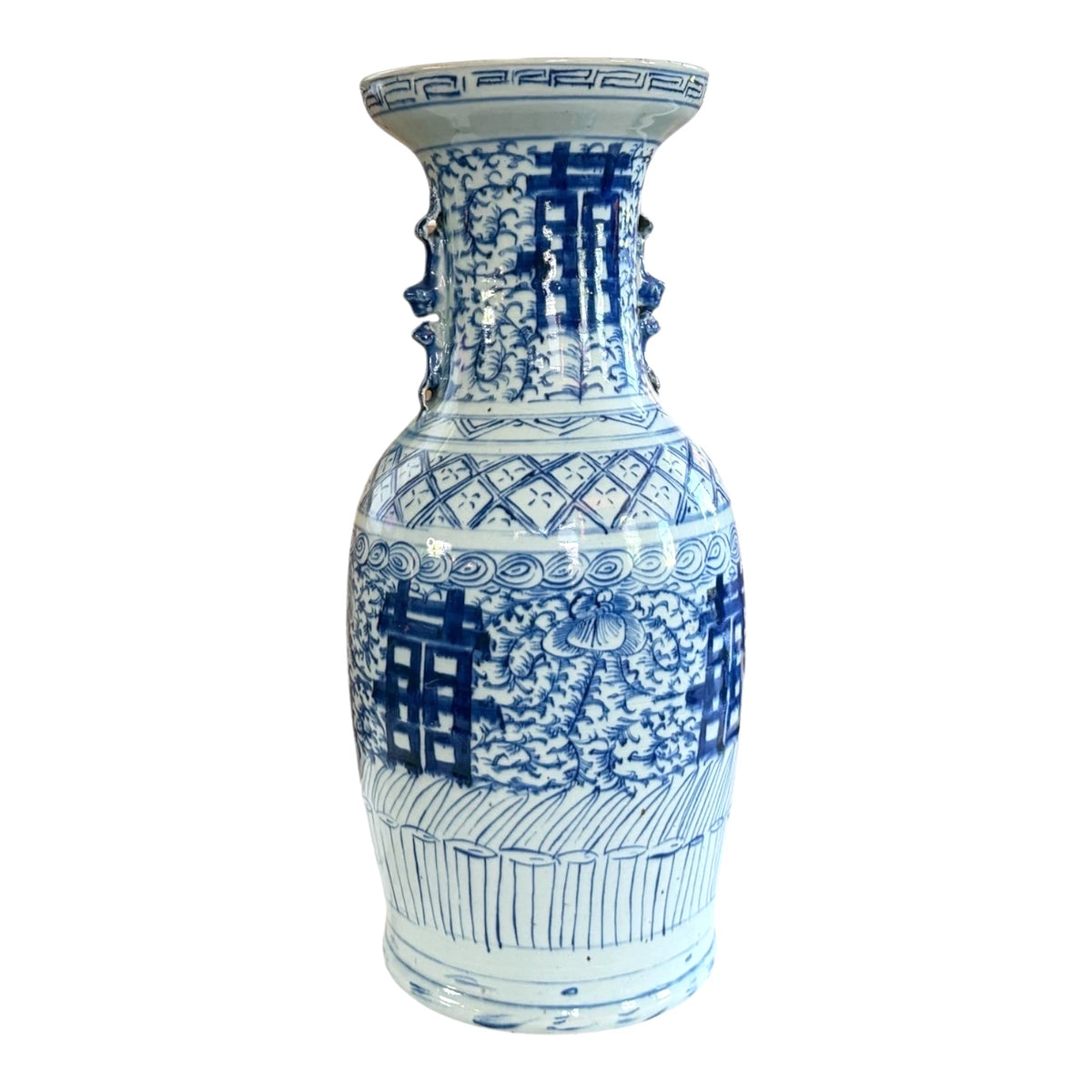Antique Chinese Qing Blue & White Double Happiness Wedding Vase Foo Dog Handles