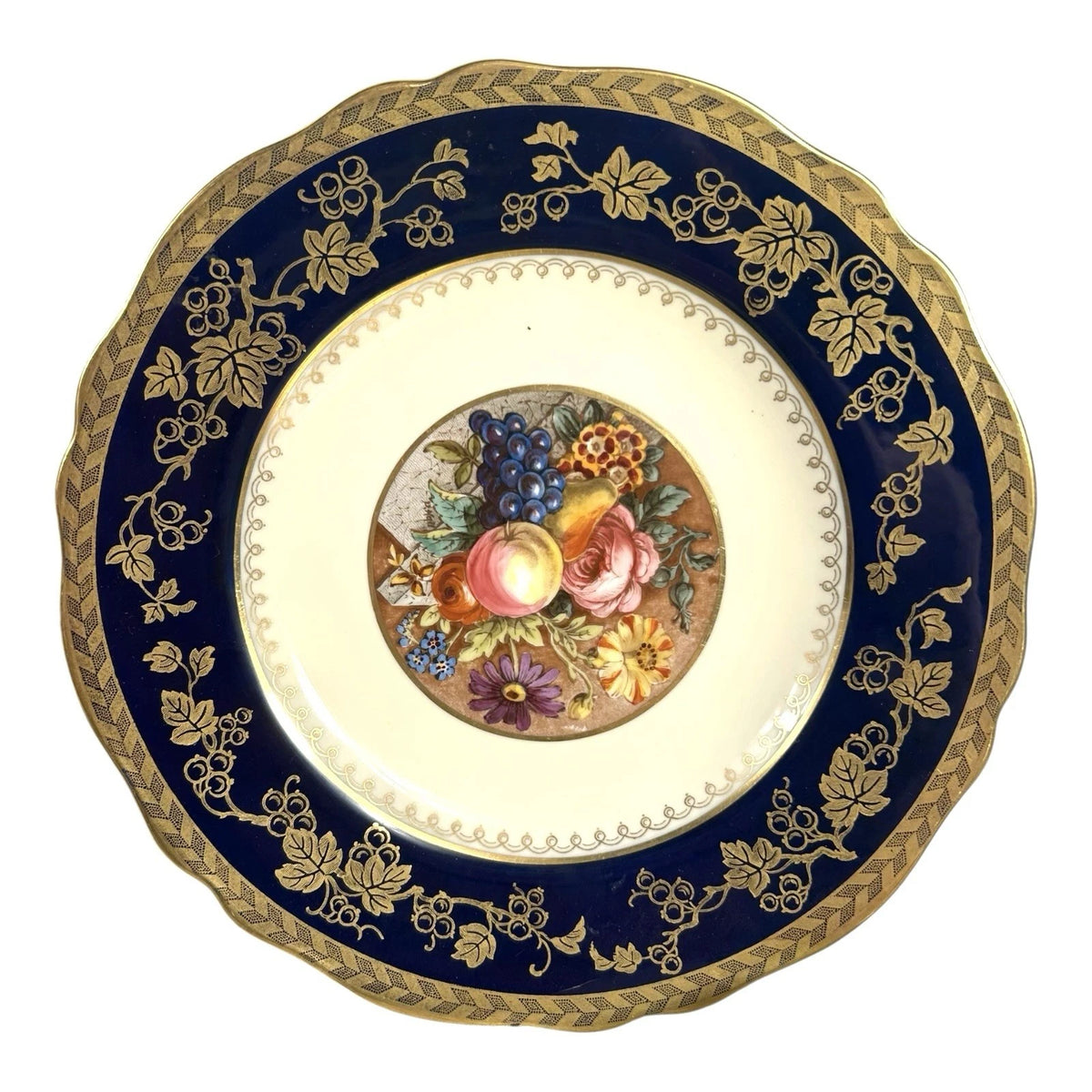Antique Set of 6 Spode Copeland Cobalt Blue Gold Trim Fruit Grapes Lunch Plates