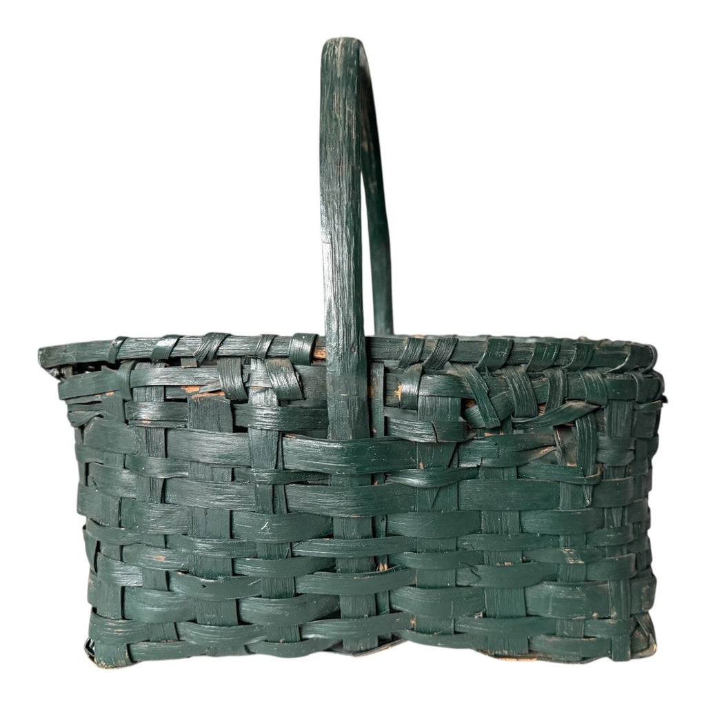Antique Dark Green Painted Split Oak Gathering Basket with Bentwood Handle