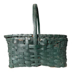 Antique Dark Green Painted Split Oak Gathering Basket with Bentwood Handle