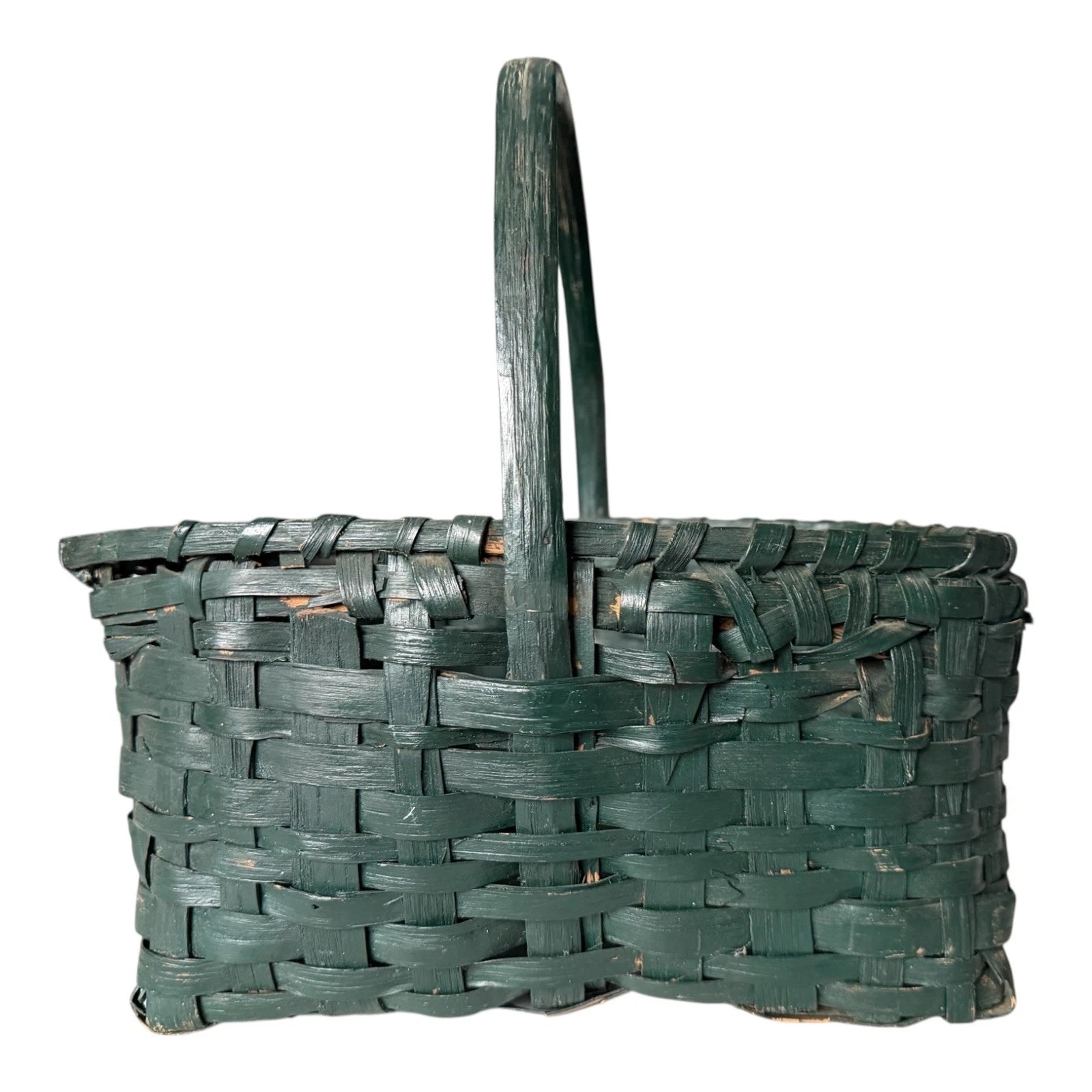 Antique Dark Green Painted Split Oak Gathering Basket with Bentwood Handle