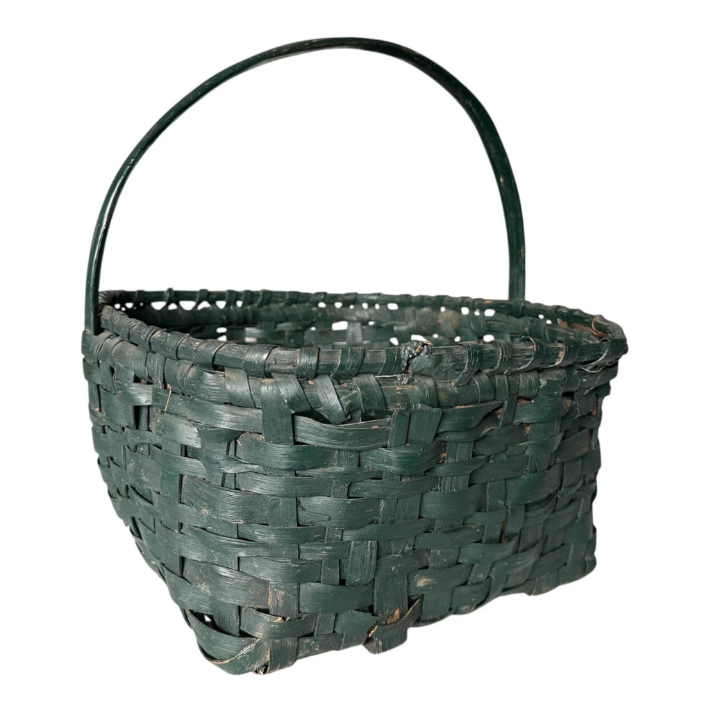 Antique Dark Green Painted Split Oak Gathering Basket with Bentwood Handle