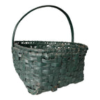 Antique Dark Green Painted Split Oak Gathering Basket with Bentwood Handle