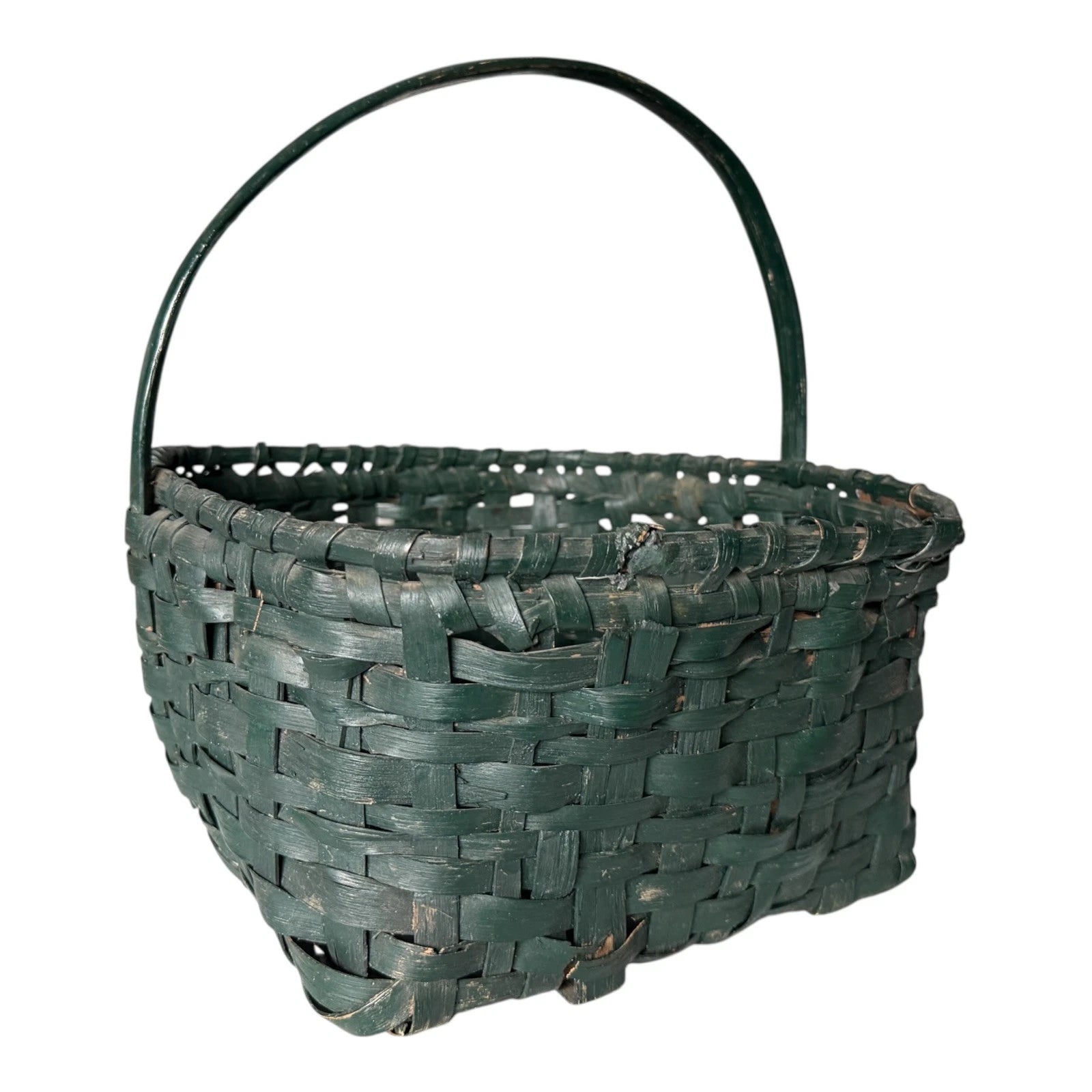 Antique Dark Green Painted Split Oak Gathering Basket with Bentwood Handle