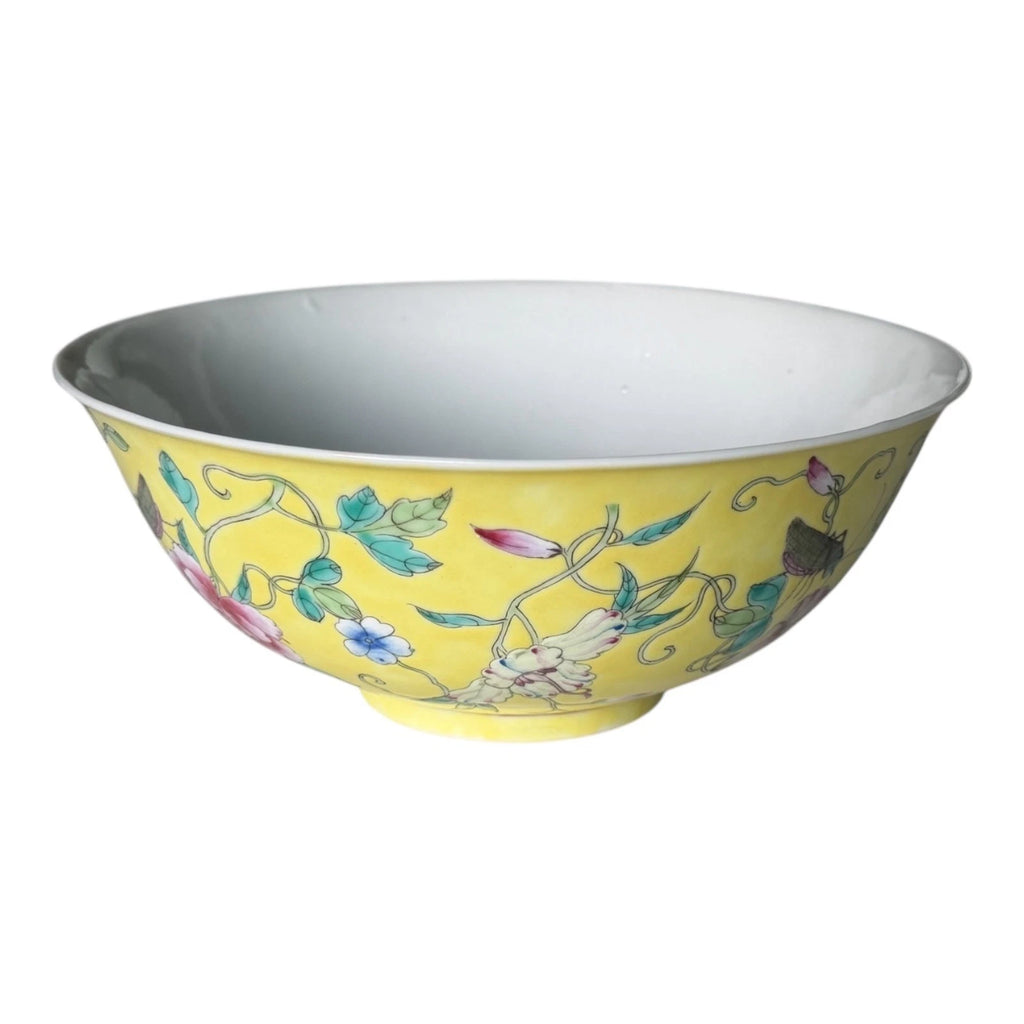 Antique Chinese Qing Dynasty Famille Jaune Bowl - Flower Sprigs Insects Pattern