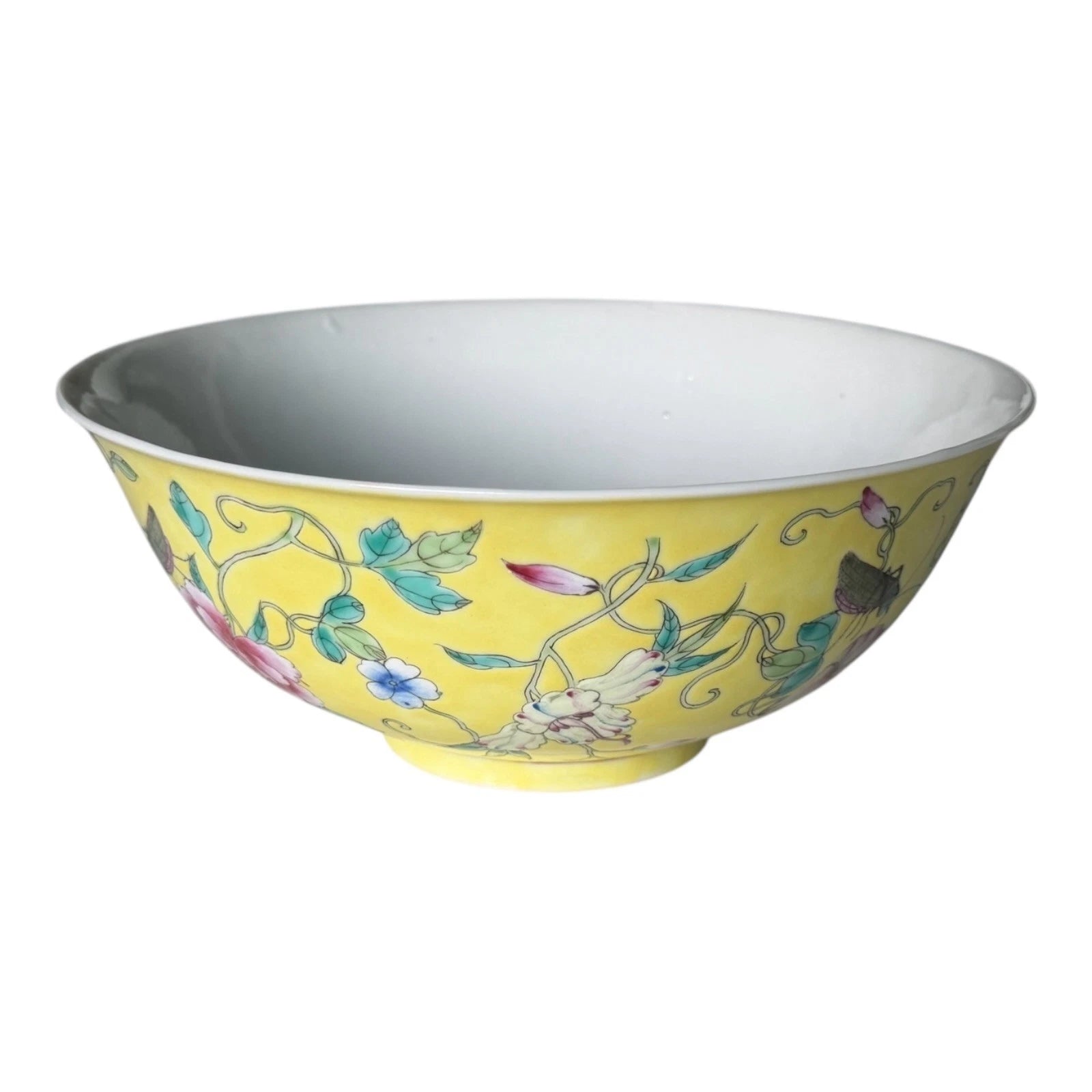 Antique Chinese Qing Dynasty Famille Jaune Bowl - Flower Sprigs Insects Pattern