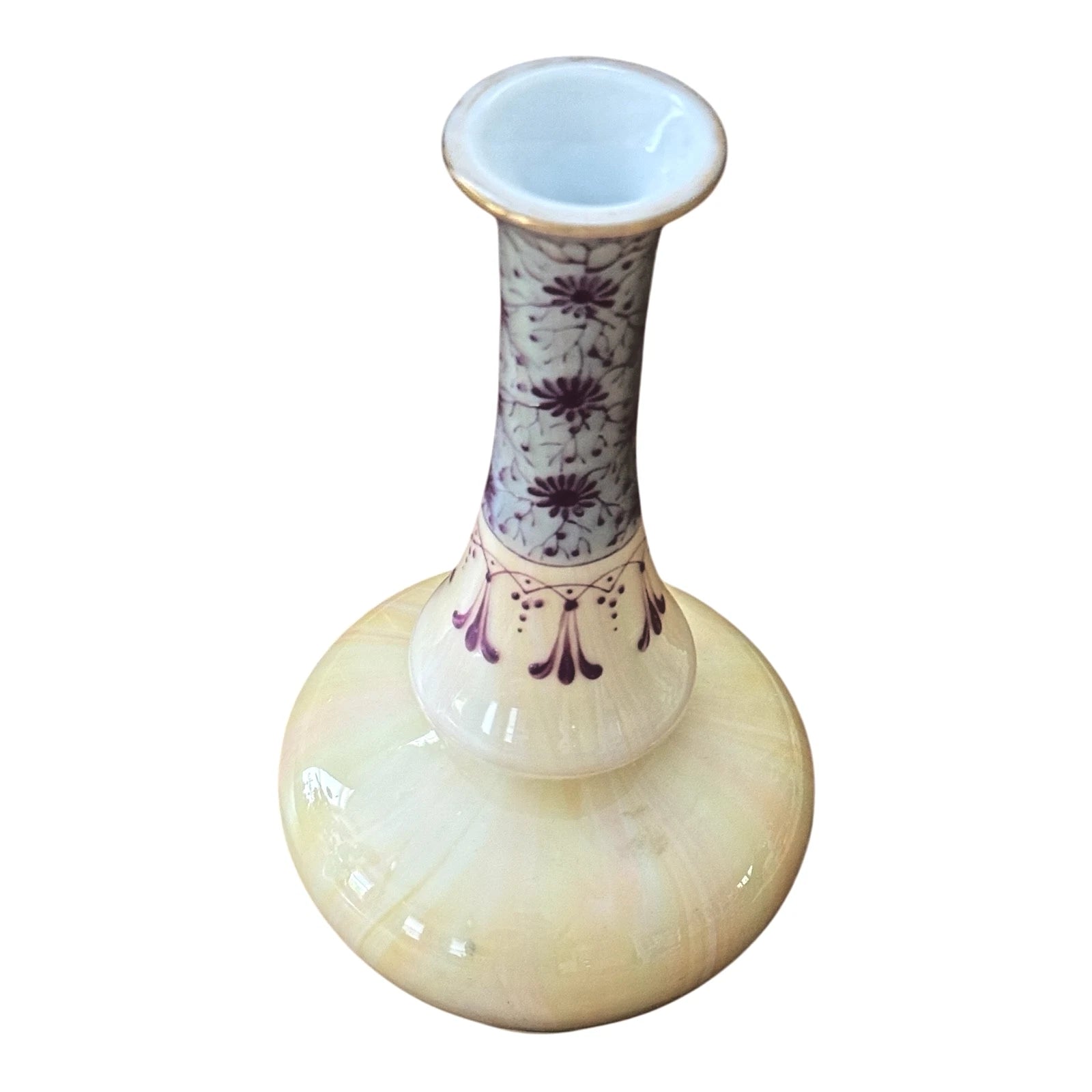Antique Bohemian Enameled Marbled Opaline Art Glass Vase - Harrach Style