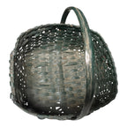 Antique Dark Green Painted Split Oak Gathering Basket with Bentwood Handle