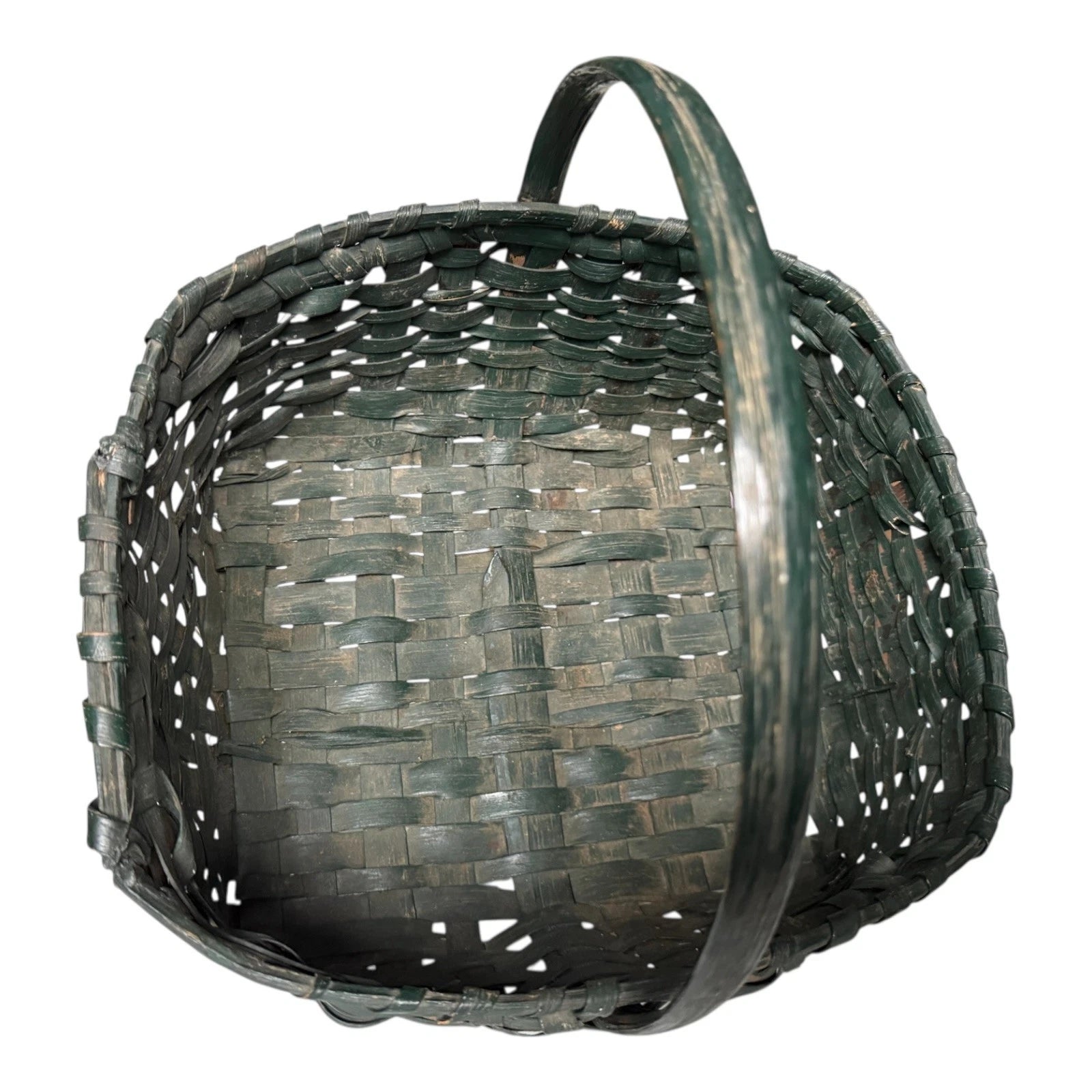 Antique Dark Green Painted Split Oak Gathering Basket with Bentwood Handle