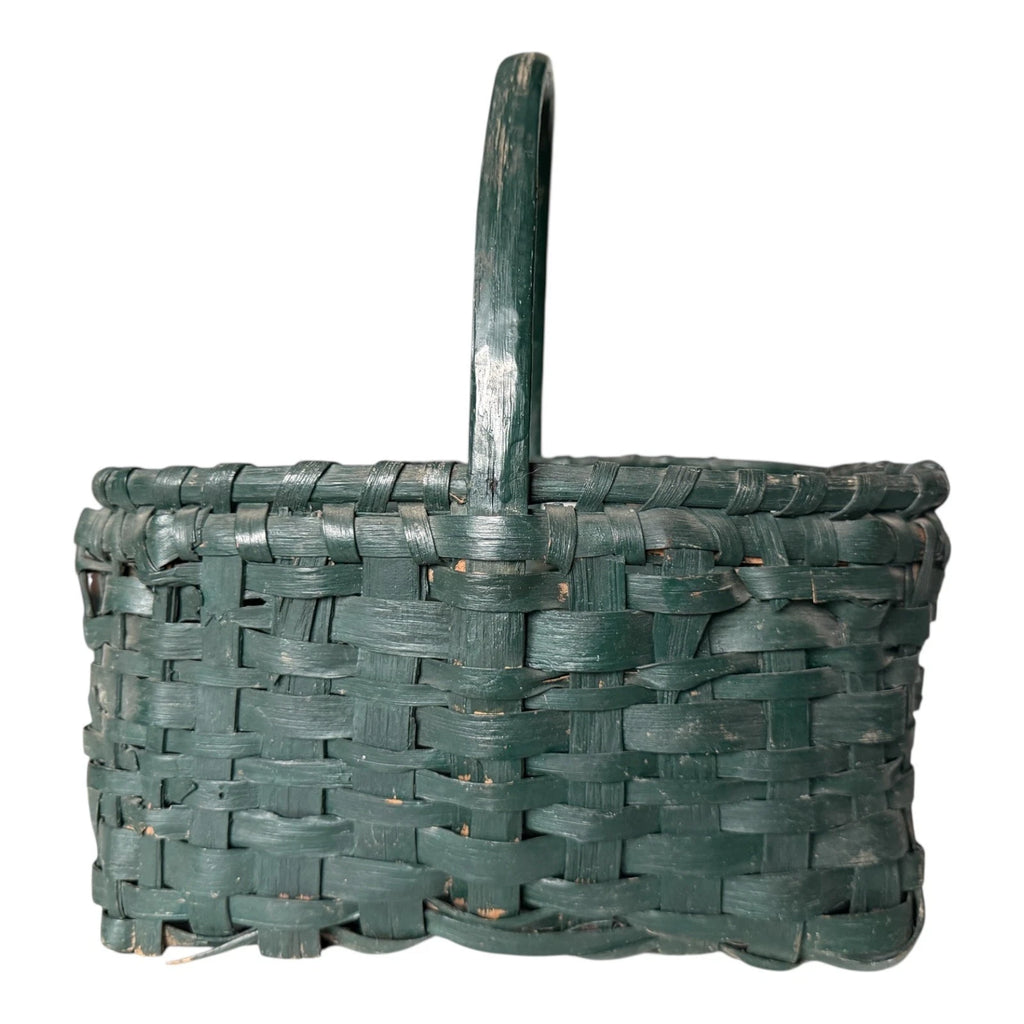 Antique Dark Green Painted Split Oak Gathering Basket with Bentwood Handle