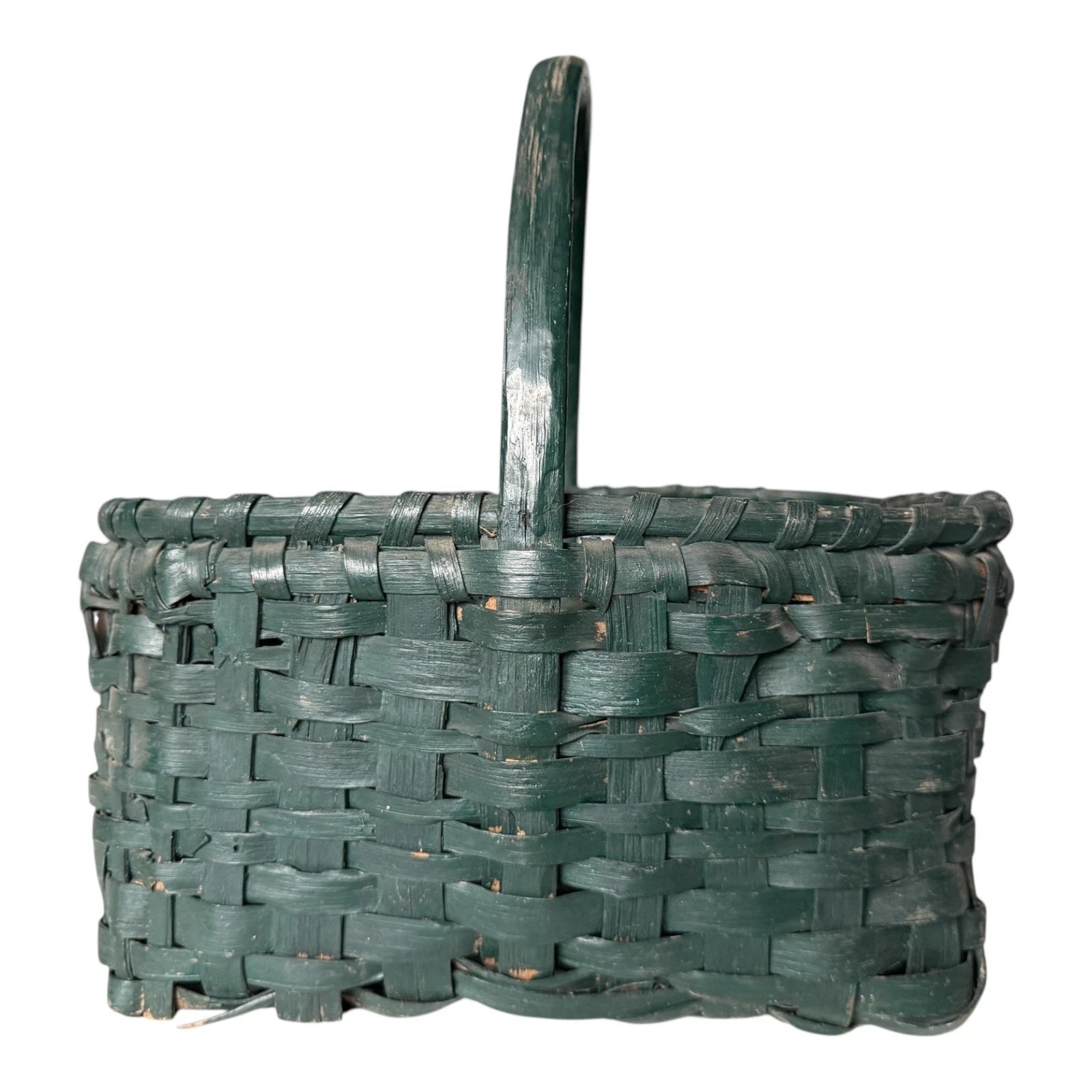 Antique Dark Green Painted Split Oak Gathering Basket with Bentwood Handle