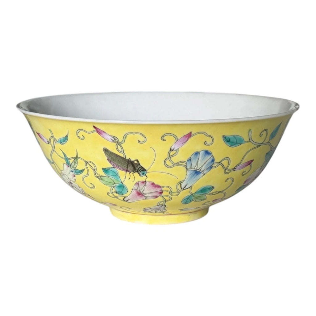 Antique Chinese Qing Dynasty Famille Jaune Bowl - Flower Sprigs Insects Pattern