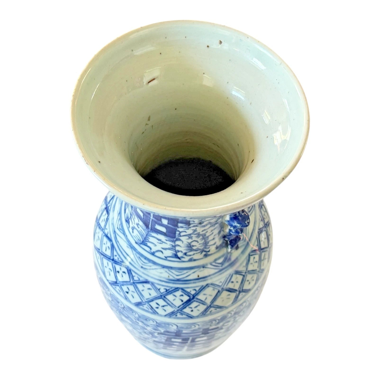 Antique Chinese Qing Blue & White Double Happiness Wedding Vase Foo Dog Handles
