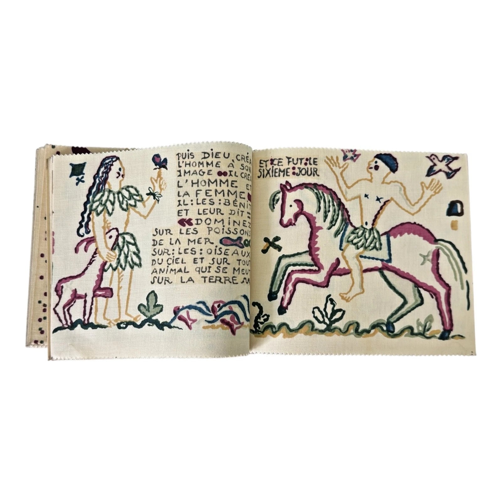 Antique Paul Dumas French Linen Cloth Children's Bible Book Creation Story