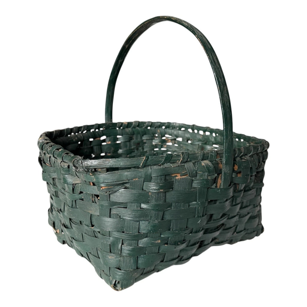 Antique Dark Green Painted Split Oak Gathering Basket with Bentwood Handle