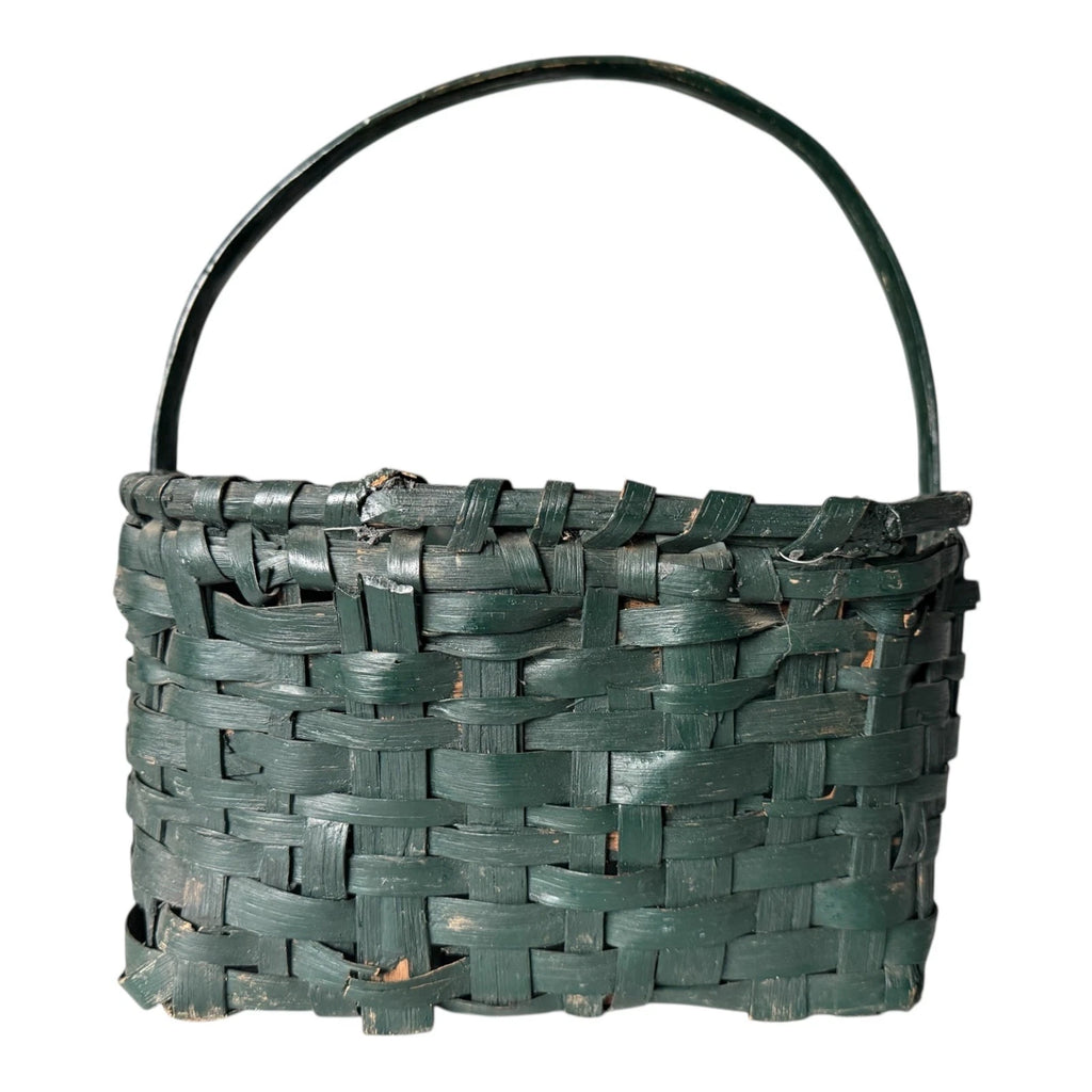 Antique Dark Green Painted Split Oak Gathering Basket with Bentwood Handle
