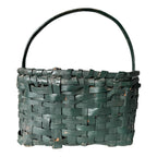 Antique Dark Green Painted Split Oak Gathering Basket with Bentwood Handle