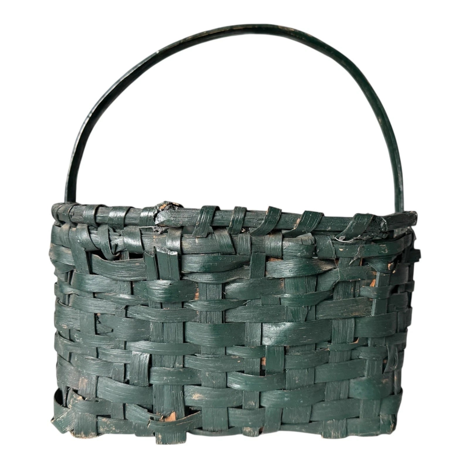 Antique Dark Green Painted Split Oak Gathering Basket with Bentwood Handle