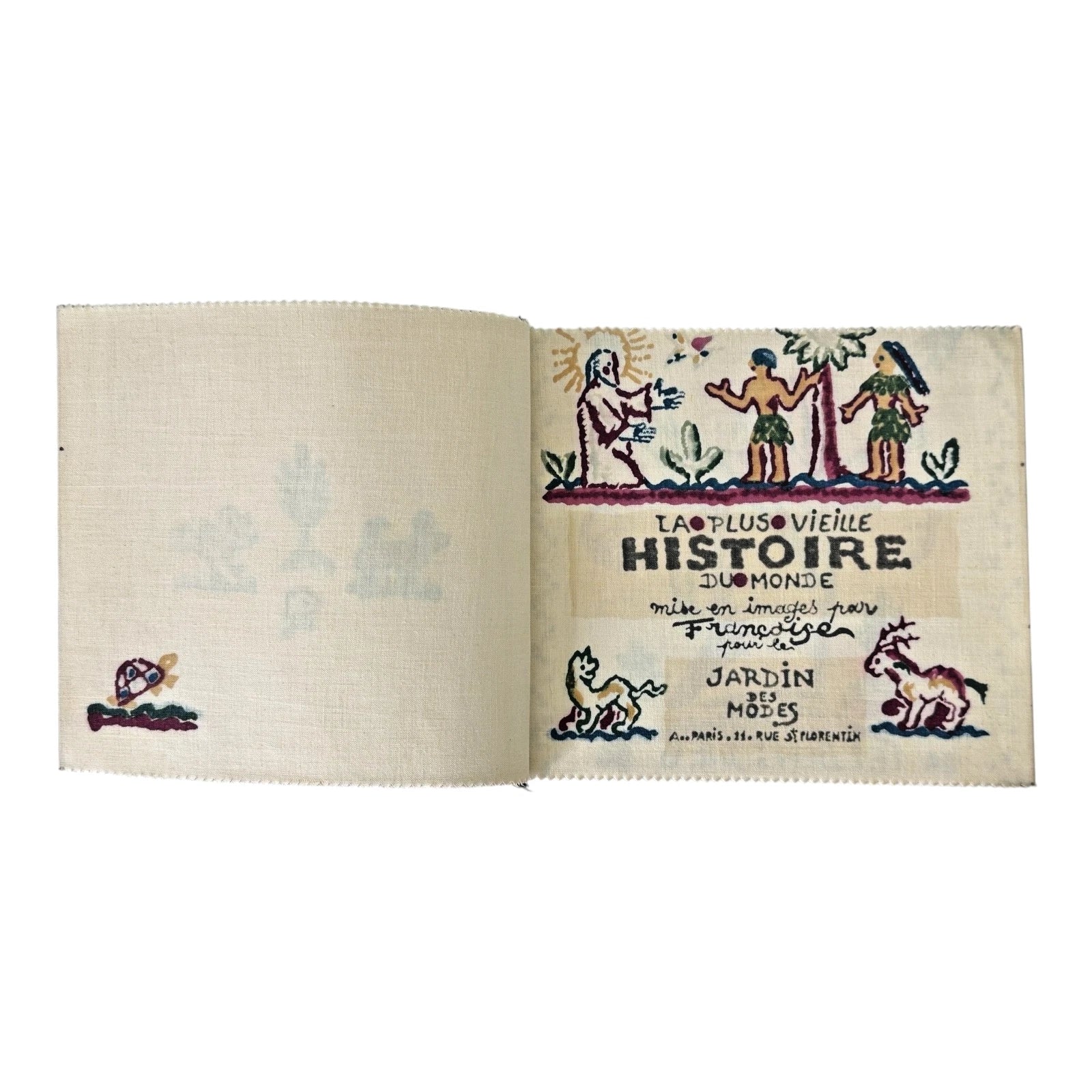 Antique Paul Dumas French Linen Cloth Children's Bible Book Creation Story