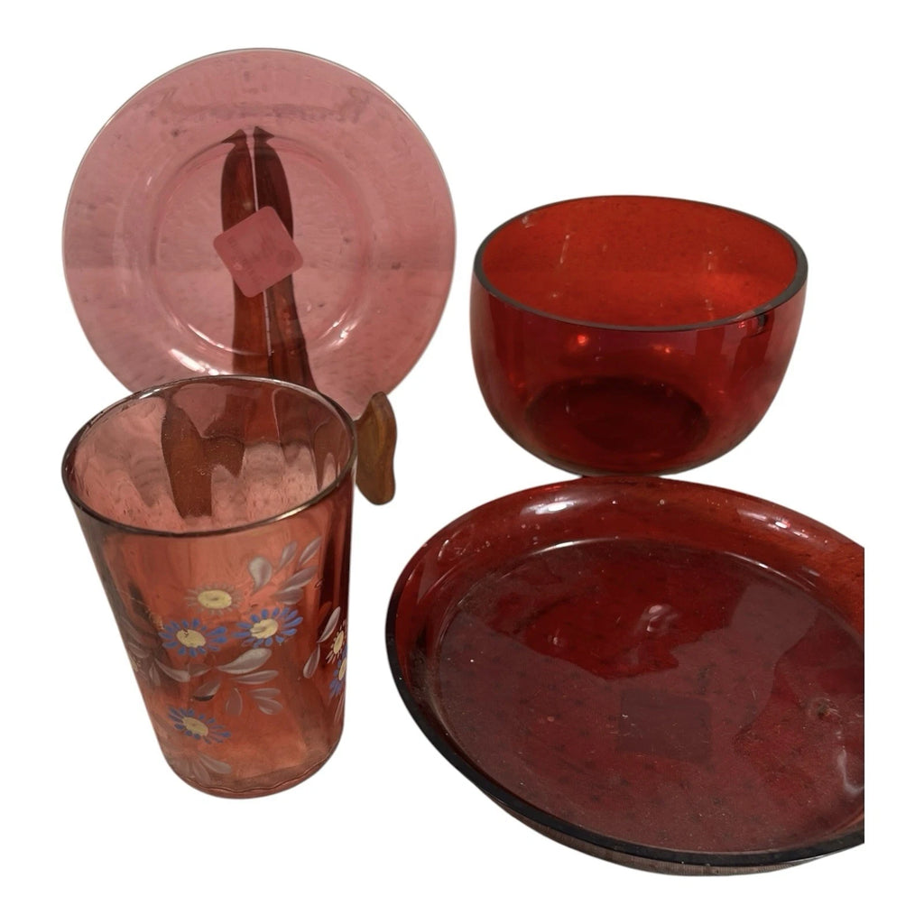 Vintage Lot of 6 Pieces of Cranberry Glass Owned by Martha Stewart