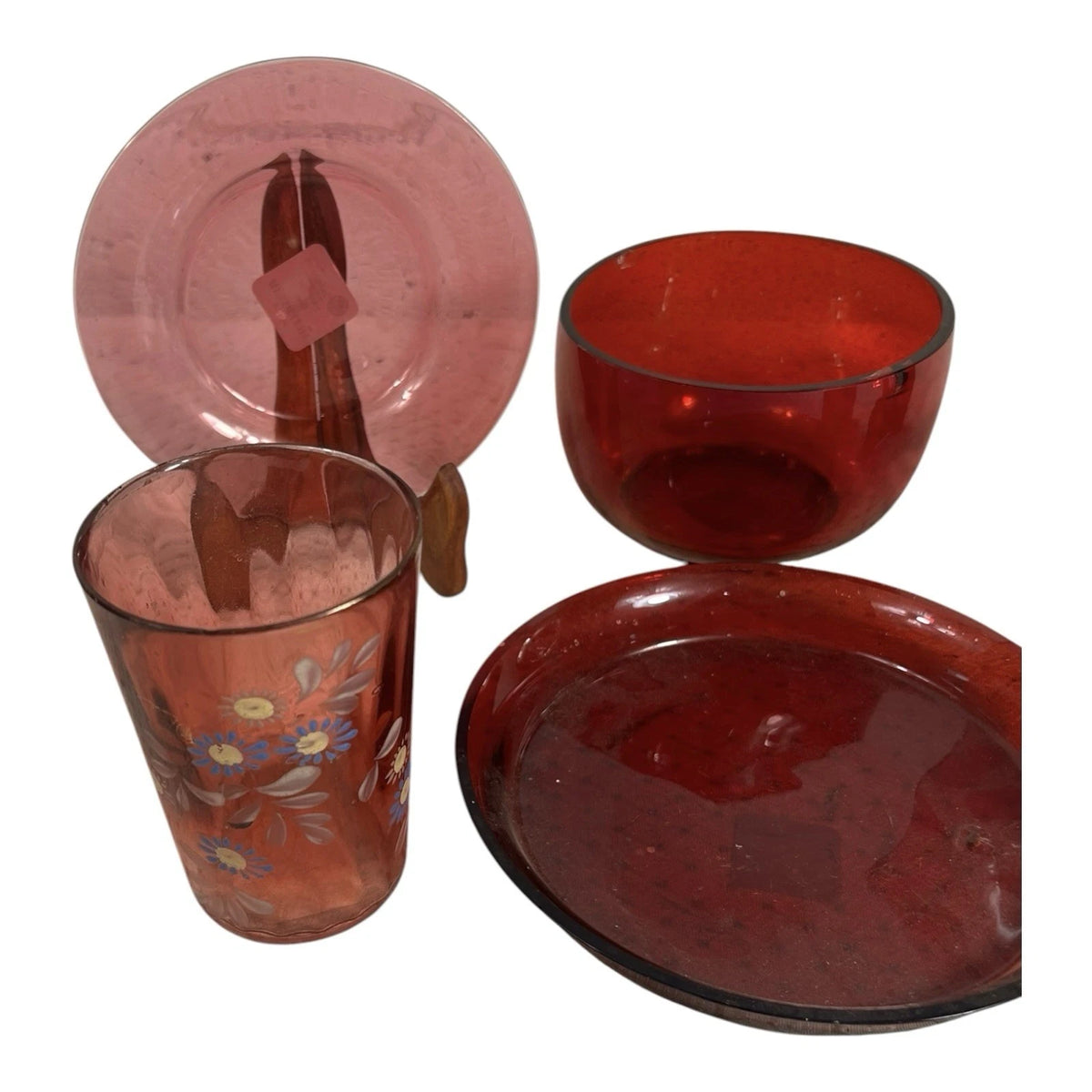 Vintage Lot of 6 Pieces of Cranberry Glass Owned by Martha Stewart