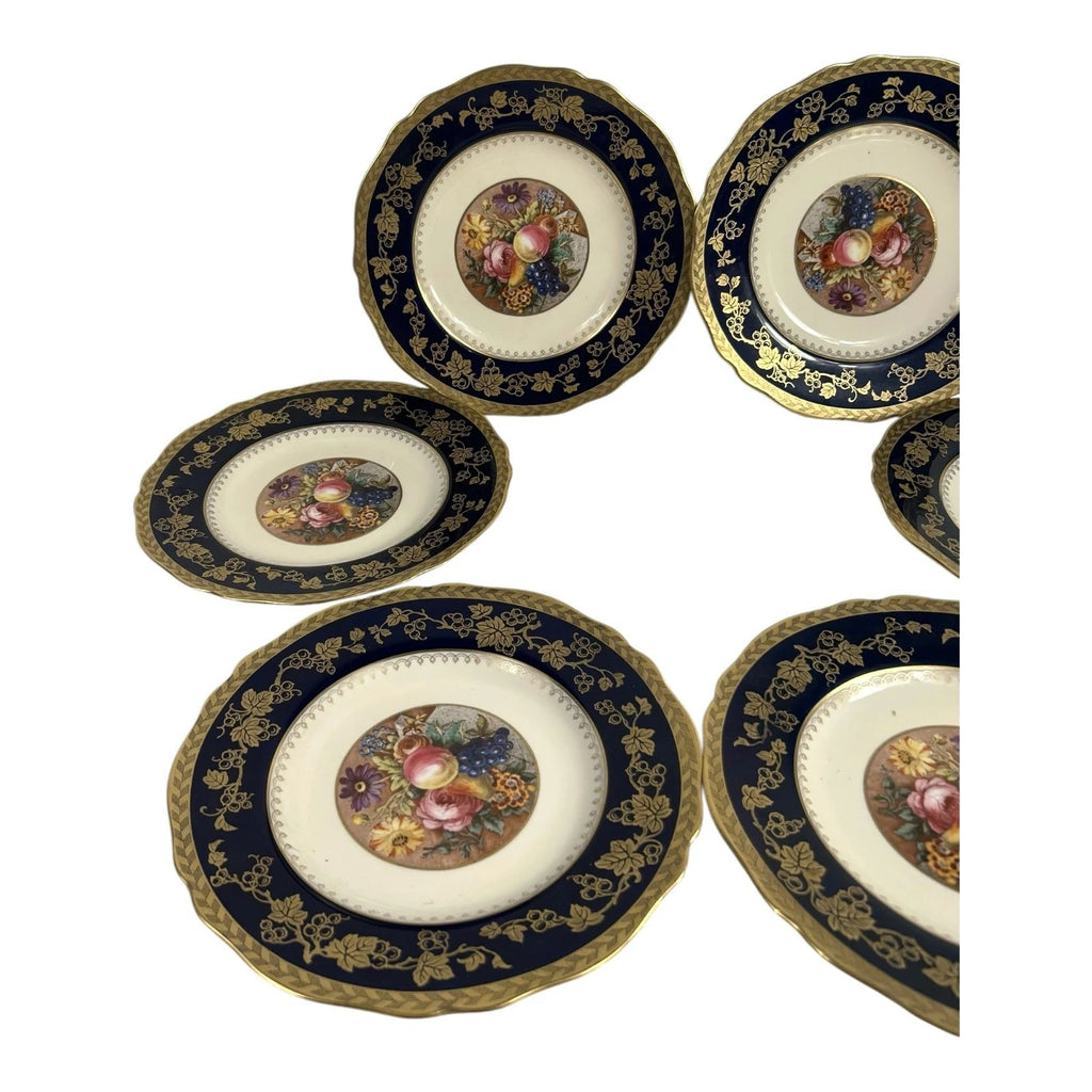 Antique Set of 6 Spode Copeland Cobalt Blue Gold Trim Fruit Grapes Lunch Plates