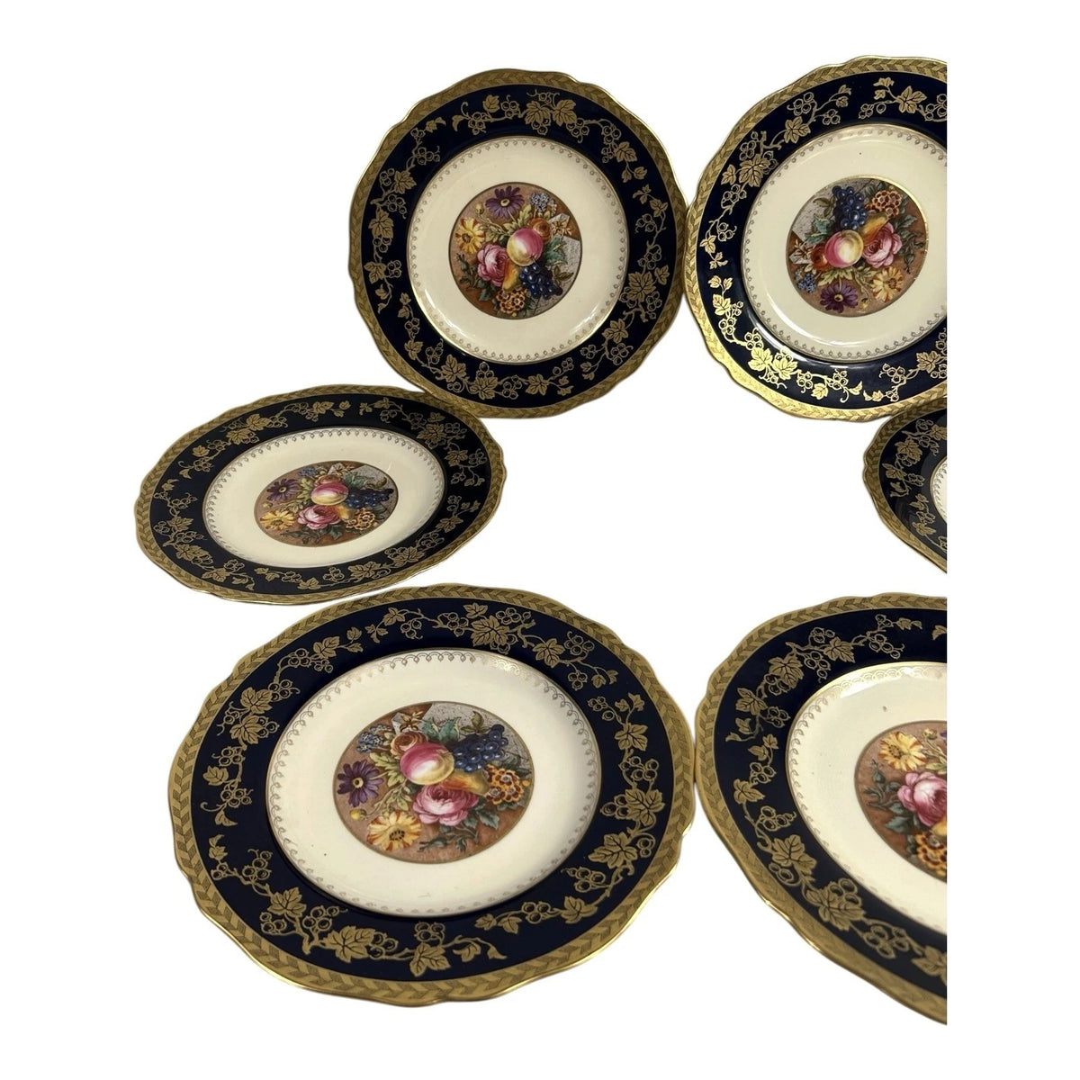 Antique Set of 6 Spode Copeland Cobalt Blue Gold Trim Fruit Grapes Lunch Plates