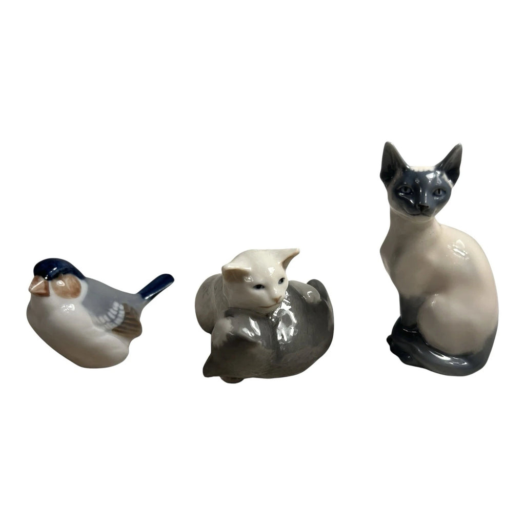 Vintage Lot 3 Royal Copenhagen Figurines Playing Cats 683 Siamese Cat 681 Bird