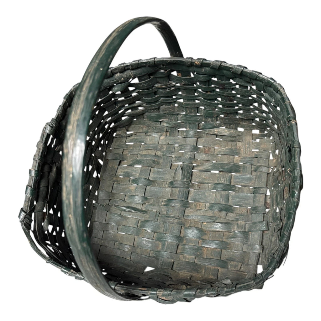 Antique Dark Green Painted Split Oak Gathering Basket with Bentwood Handle