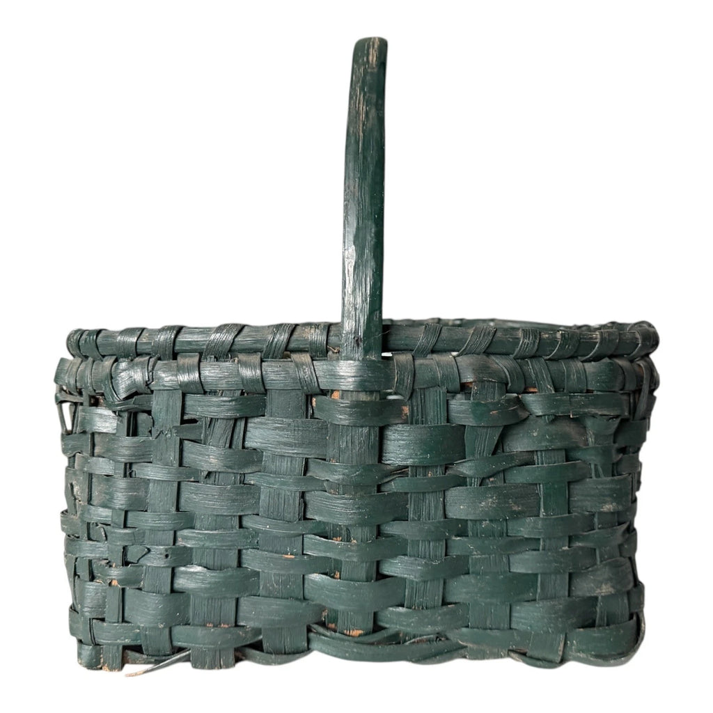 Antique Dark Green Painted Split Oak Gathering Basket with Bentwood Handle