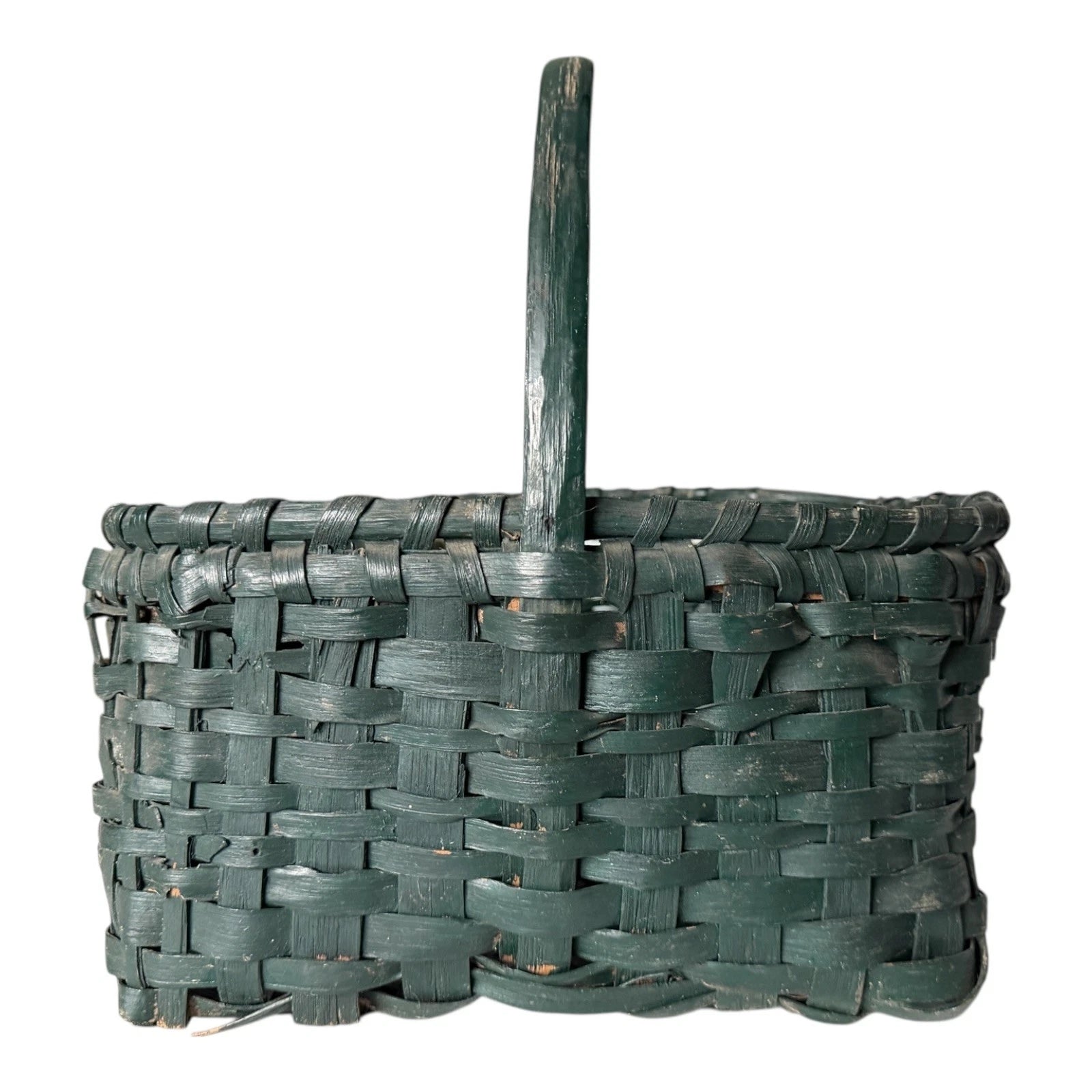 Antique Dark Green Painted Split Oak Gathering Basket with Bentwood Handle