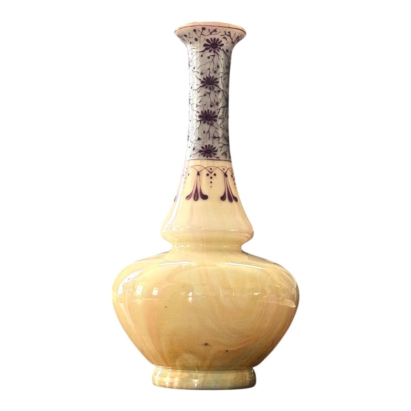 Antique Bohemian Enameled Marbled Opaline Art Glass Vase - Harrach Style