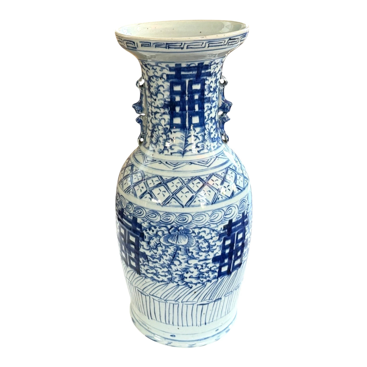Antique Chinese Qing Blue & White Double Happiness Wedding Vase Foo Dog Handles