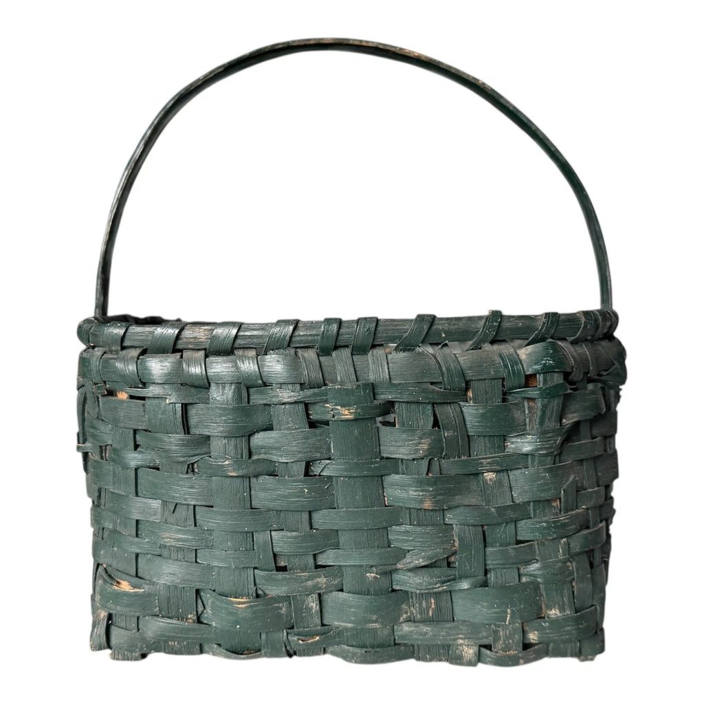 Antique Dark Green Painted Split Oak Gathering Basket with Bentwood Handle