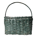 Antique Dark Green Painted Split Oak Gathering Basket with Bentwood Handle