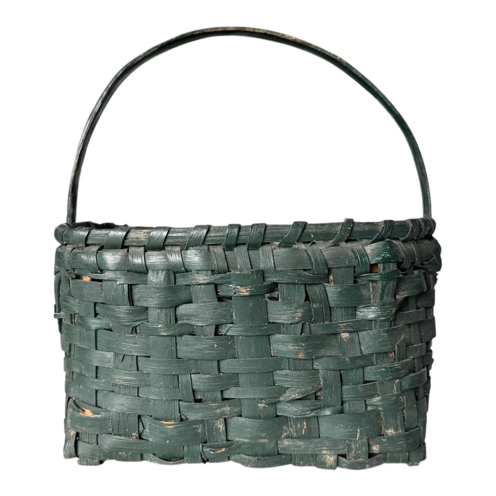 Antique Dark Green Painted Split Oak Gathering Basket with Bentwood Handle