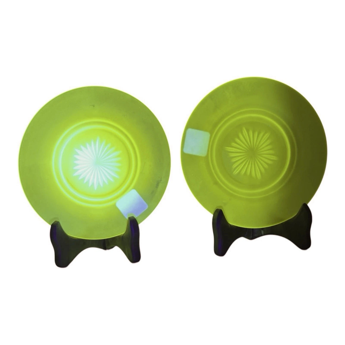 Vintage Set of 2 Vaseline Uranium Glass Plates Owned by Martha Stewart