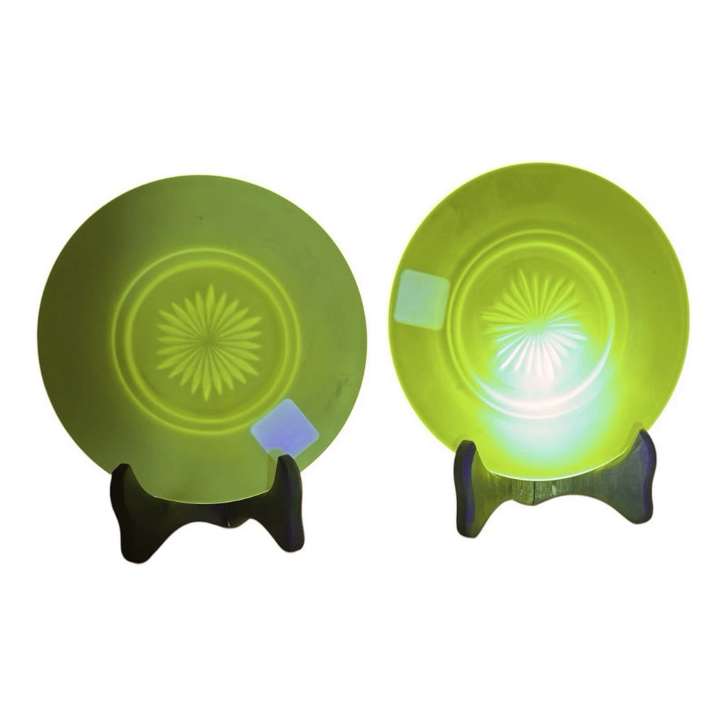 Vintage Set of 2 Vaseline Uranium Glass Plates Owned by Martha Stewart