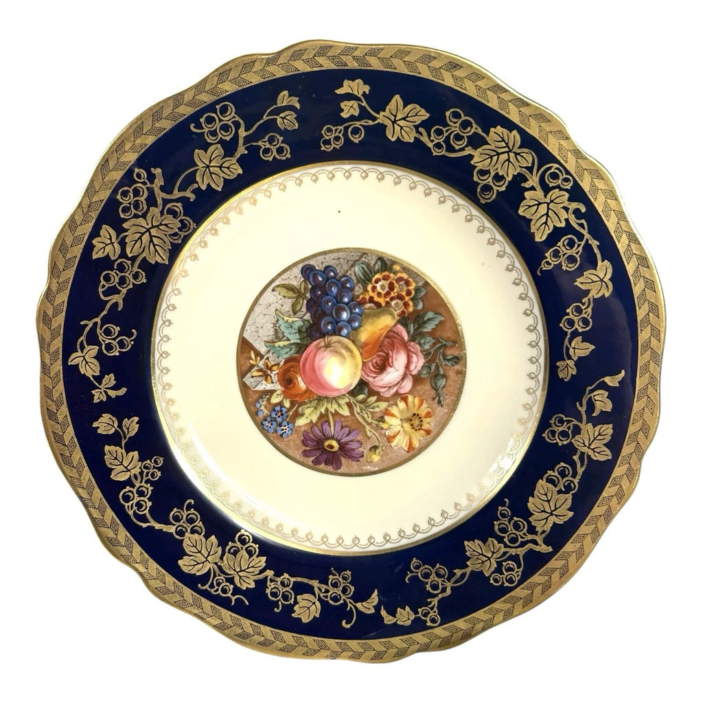 Antique Set of 6 Spode Copeland Cobalt Blue Gold Trim Fruit Grapes Lunch Plates