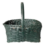 Antique Dark Green Painted Split Oak Gathering Basket with Bentwood Handle