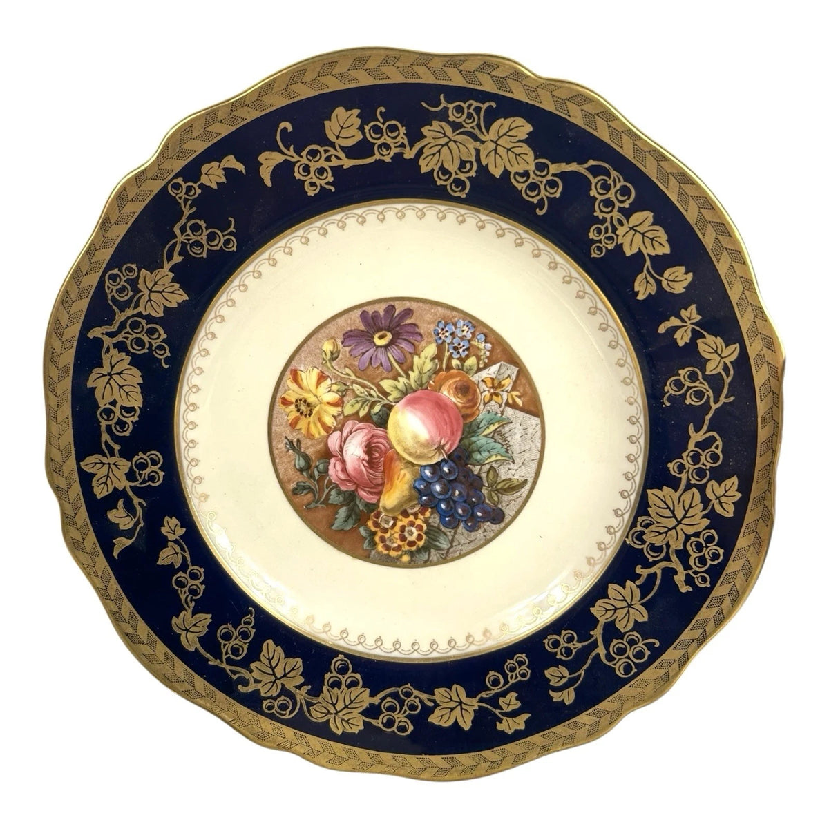 Antique Set of 6 Spode Copeland Cobalt Blue Gold Trim Fruit Grapes Lunch Plates
