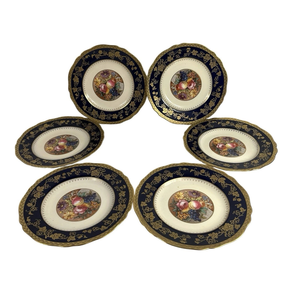 Antique Set of 6 Spode Copeland Cobalt Blue Gold Trim Fruit Grapes Lunch Plates