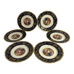 Antique Set of 6 Spode Copeland Cobalt Blue Gold Trim Fruit Grapes Lunch Plates