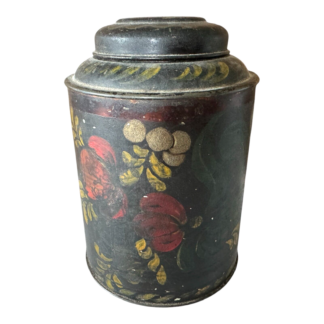 Antique Country Folk Art Hand-Painted Toleware Lidded Tin Canister