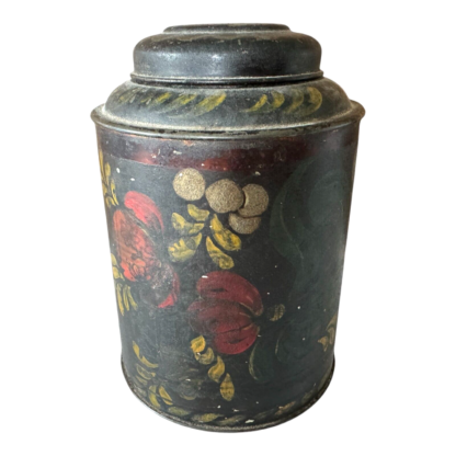 Antique Country Folk Art Hand-Painted Toleware Lidded Tin Canister