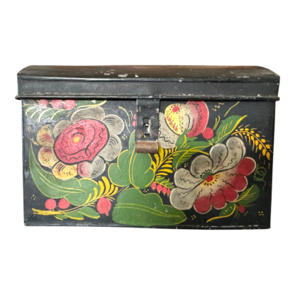 Antique Decorative Hand-Painted Floral Toleware Lidded Document Box
