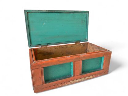 Antique Primitive Orange & Green Pine Wood Country Folk Art Document Box