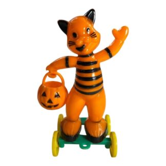 Vintage Rosbro Dancing Cat with Jack-O'-Lantern Candy Container Pull Toy